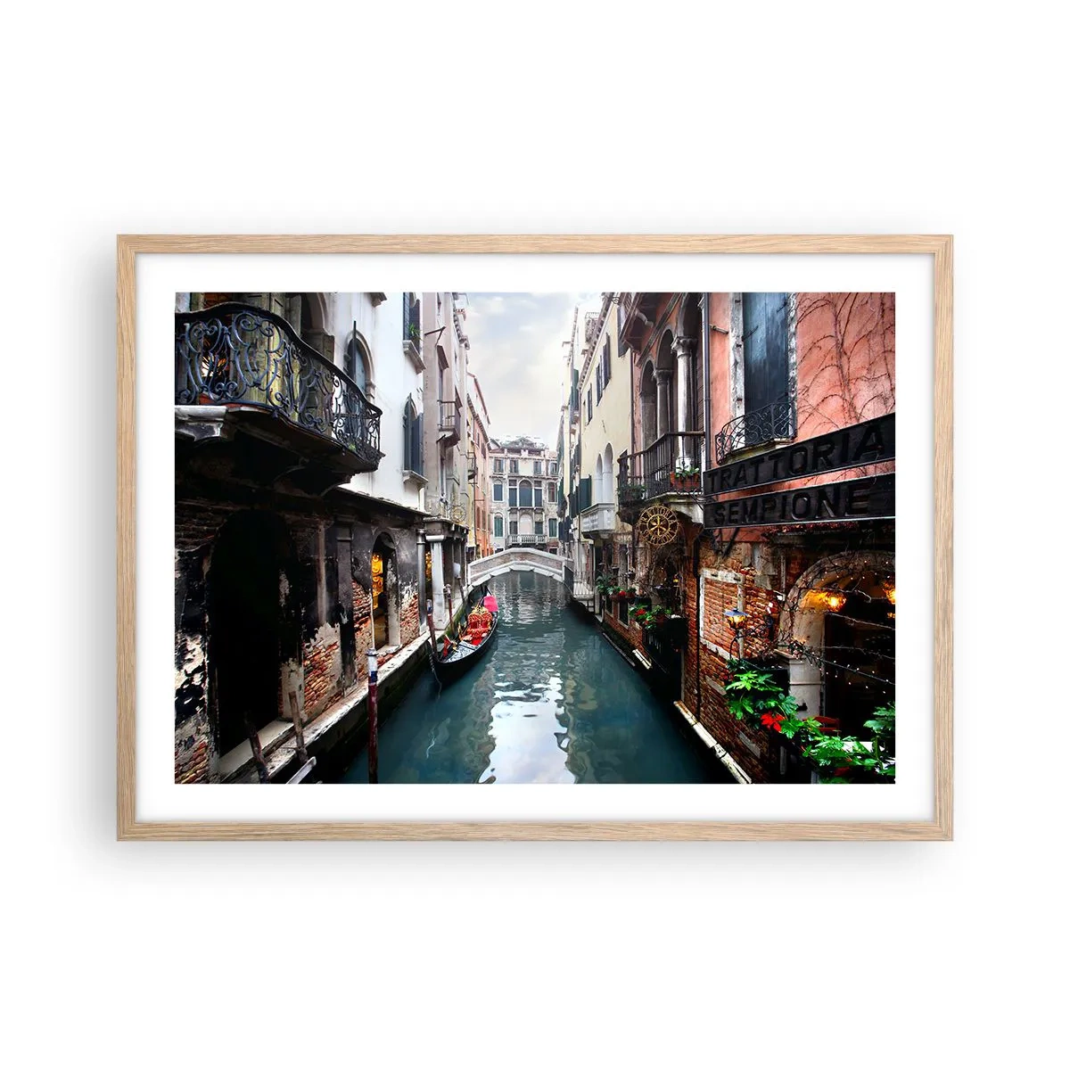 Poster in cornice rovere chiaro - Paesaggio veneziano con gondola e ponte - 70x50 cm