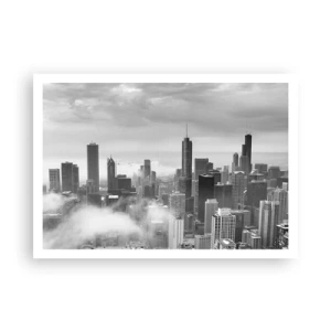 Poster - Panorama della città con grattacieli tra le nuvole in bianco e nero - 100x70cm - Paesaggio americano - Decorazione murale moderna per soggiorno e camera da letto ARTTOR