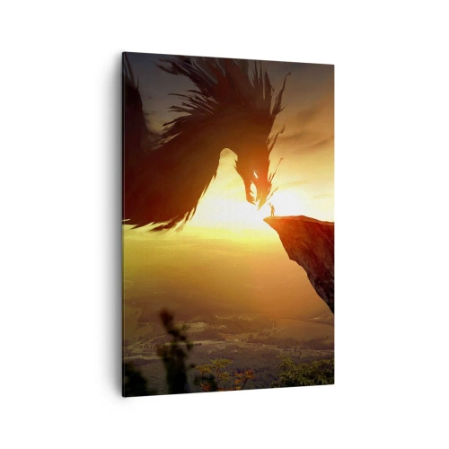Quadro su tela - Stampe su Tela - Un drago e un uomo su una roccia al chiarore del sole al tramonto - 70x100cm - Il cacciatore di draghi - Decorazione murale moderna per soggiorno e camera da letto ARTTOR