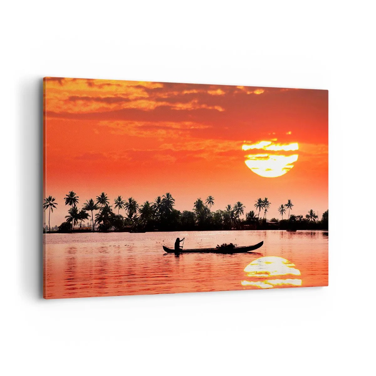 Quadro su tela - Stampe su Tela - Tramonto tropicale con una barca e palme sullo sfondo - 100x70cm - La calma dei tropici al tramonto - Decorazione murale moderna per soggiorno e camera da letto ARTTOR