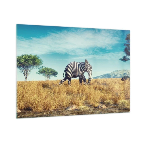 Quadro su vetro - Un elefante con strisce zebrate nella savana sotto il cielo - 100x70cm - Il grigio non è più di moda - Decorazione murale moderna per soggiorno e camera da letto ARTTOR
