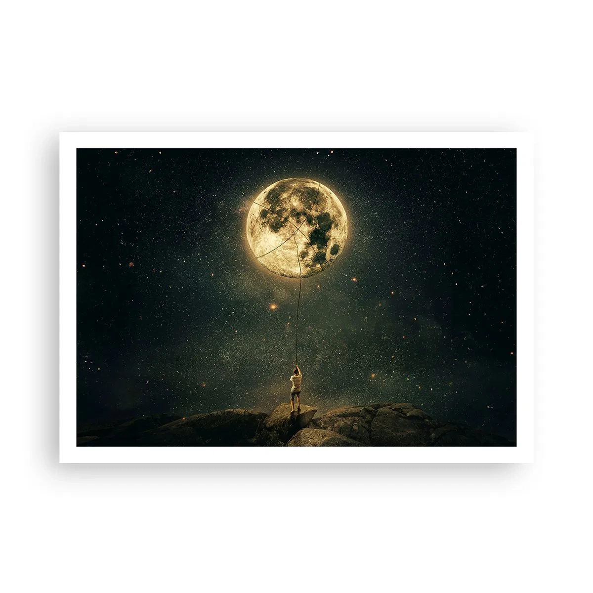 Poster - Uomo con la Luna contro il cielo stellato - 100x70cm - Chi ha rubato la luna - Decorazione murale moderna per soggiorno e camera da letto ARTTOR