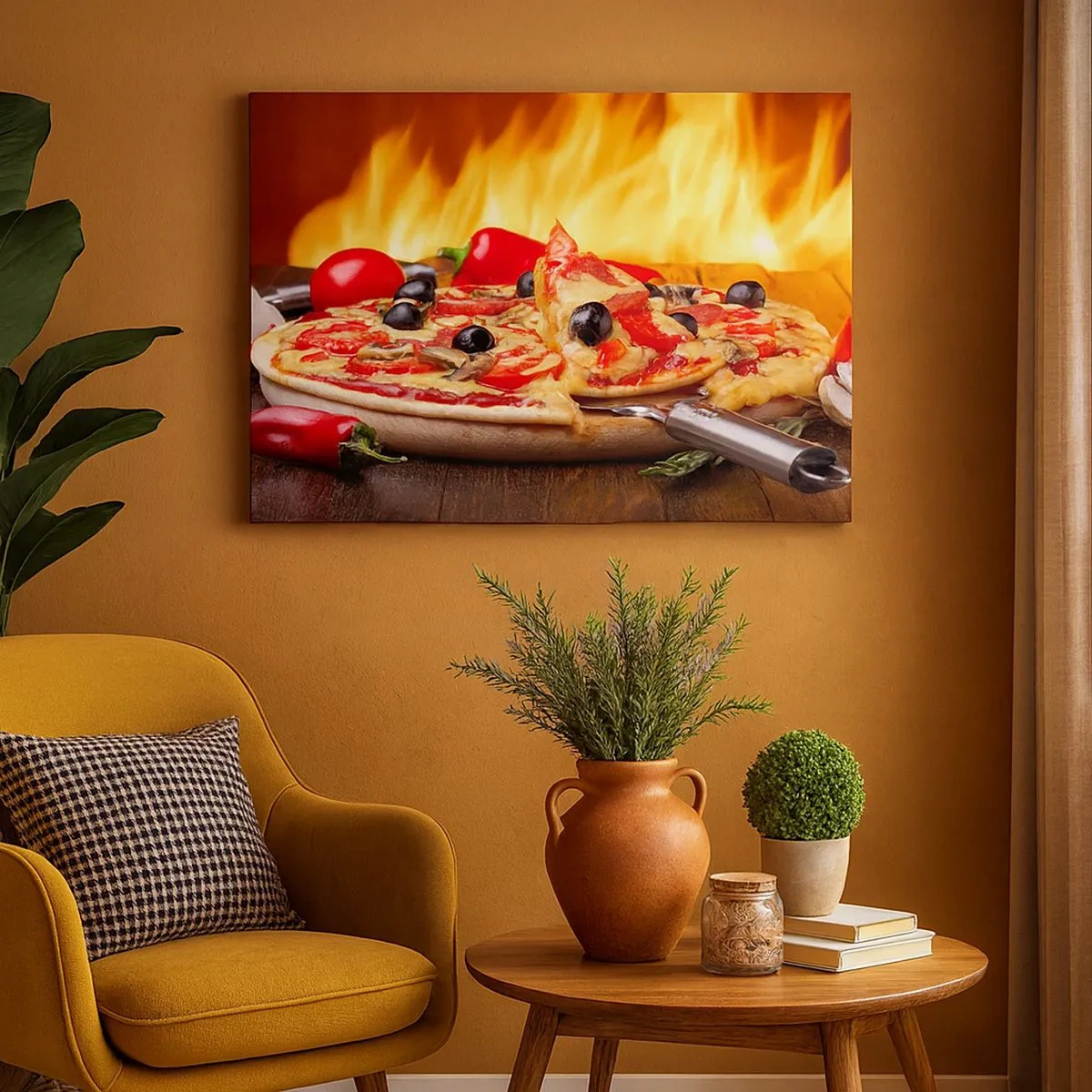 Quadro su tela - Stampe su Tela - Pizza con olive, pomodori e peperoni su sfondo di fiamme - 70x50cm - From Italy with love - Decorazione murale moderna per soggiorno e camera da letto ARTTOR