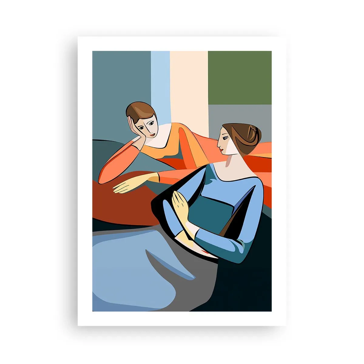 Poster - Un'illustrazione moderna di due donne in stile cubista. - 50x70cm - Il momento delle confidenze - Decorazione murale moderna per soggiorno e camera da letto ARTTOR