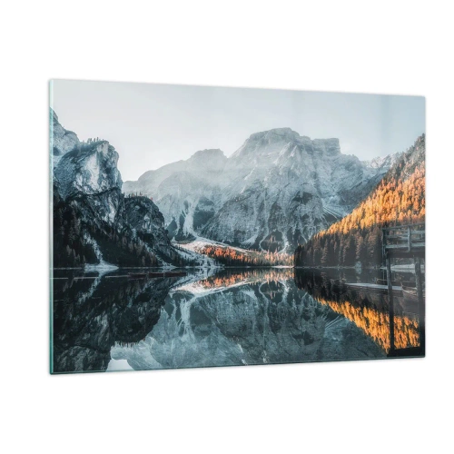Quadro su vetro - Un paesaggio montano riflesso nella calma superficie del lago - 120x80cm - Paesaggio allo specchio - Decorazione murale moderna per soggiorno e camera da letto ARTTOR