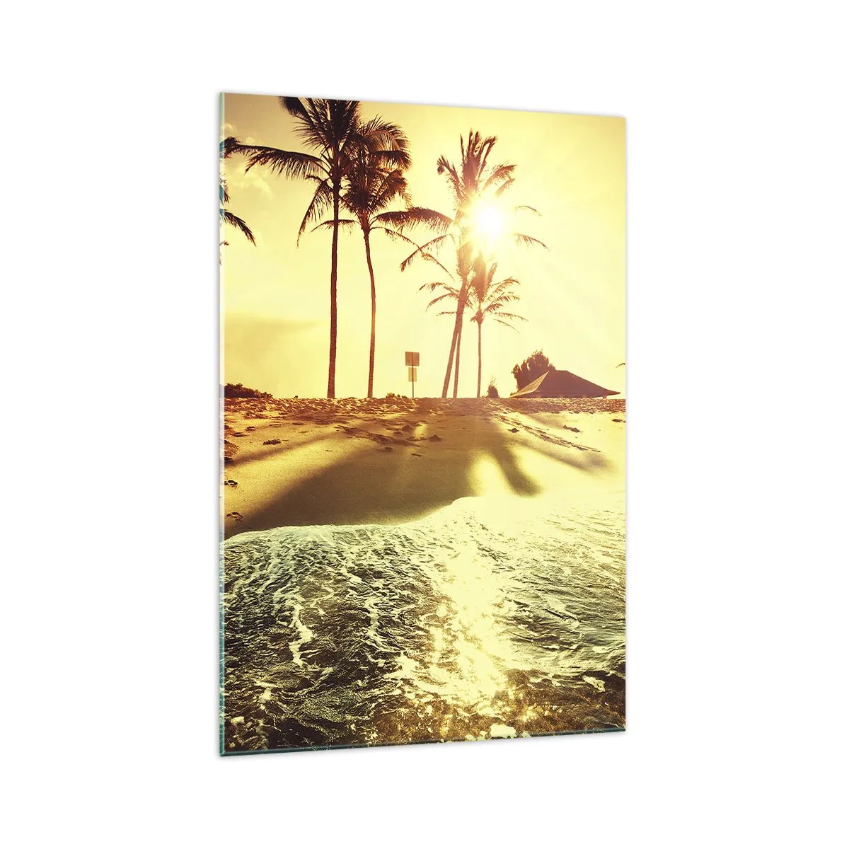 Quadro su vetro - Una spiaggia con palme illuminata da un caldo tramonto - 70x100cm - Pomeriggio in California - Decorazione murale moderna per soggiorno e camera da letto ARTTOR