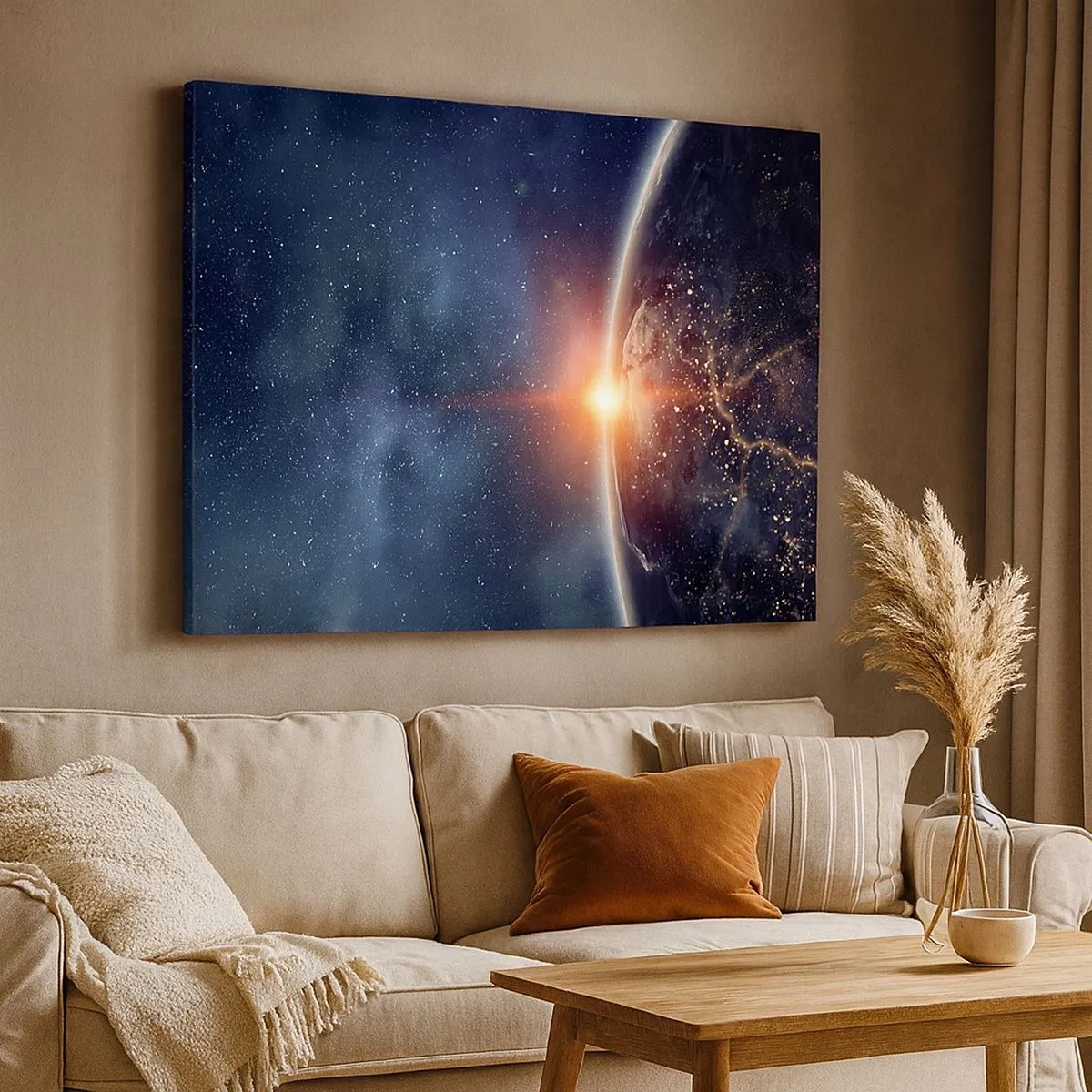 Quadro su tela - Stampe su Tela - La Terra vista dallo spazio con il sole che sorge - 70x50cm - In una nuova prospettiva - Decorazione murale moderna per soggiorno e camera da letto ARTTOR