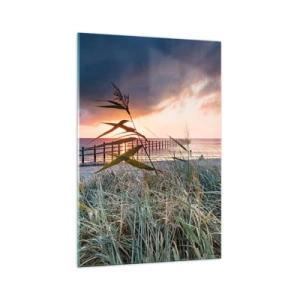 Quadro su vetro - Spiaggia al tramonto con erba in primo piano - 70x100cm - Non andrà via col vento - Decorazione murale moderna per soggiorno e camera da letto ARTTOR