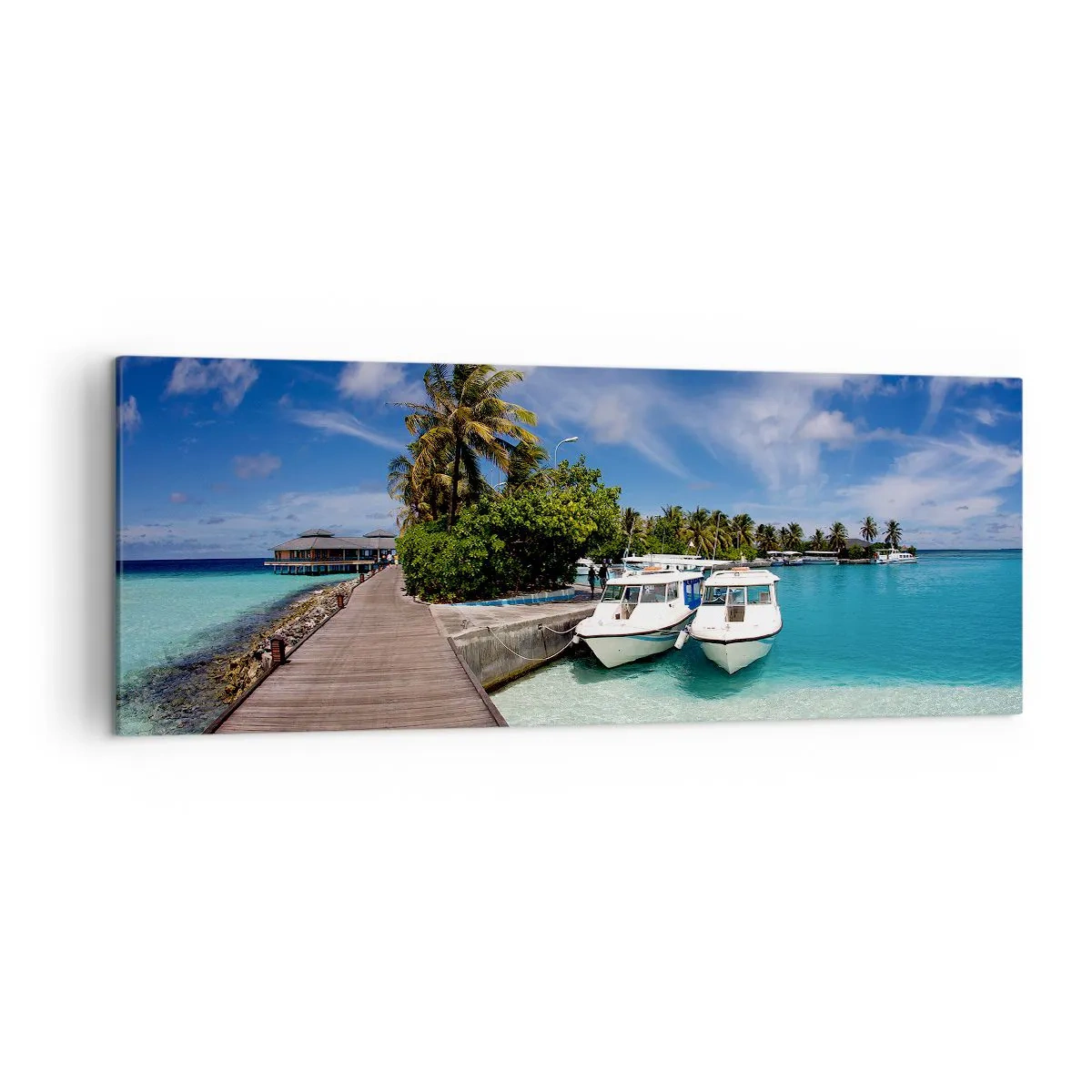 Quadro su tela - Stampe su Tela - Un molo su un mare turchese con barche e palme - 140x50cm - Il paradiso esiste davvero - Decorazione murale moderna per soggiorno e camera da letto ARTTOR