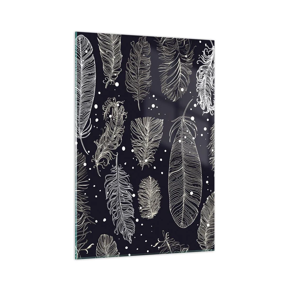 Quadro su vetro - Delicate piume bianche su sfondo blu navy - 70x100cm - Pizzo piumato - Decorazione murale moderna per soggiorno e camera da letto ARTTOR