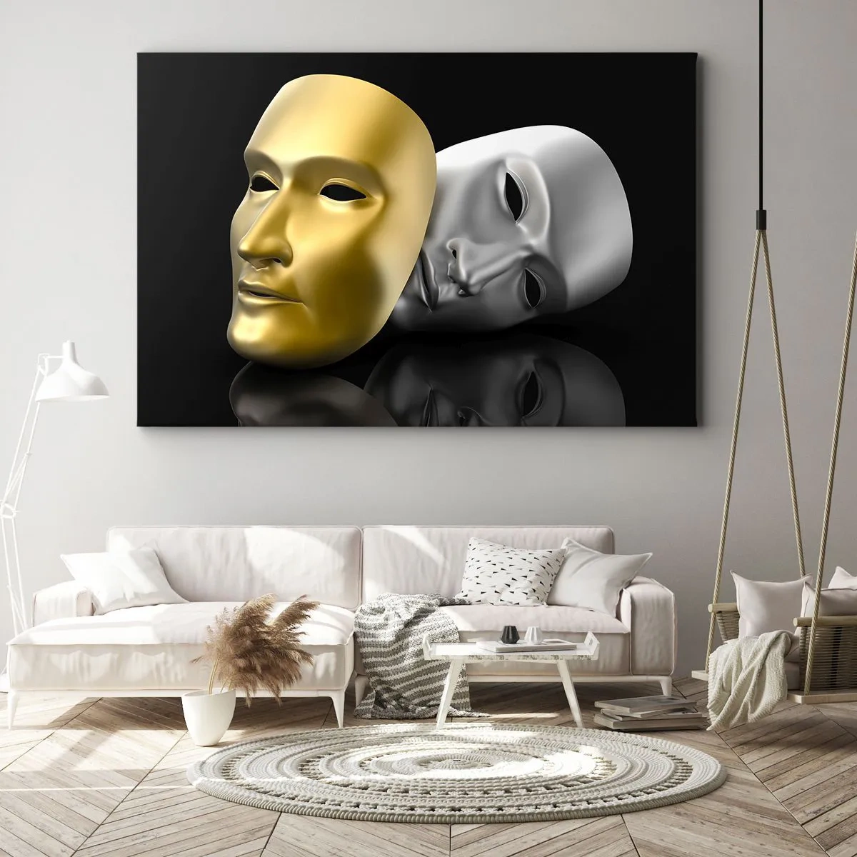 Quadro su tela - Stampe su Tela - Maschera in oro e argento su sfondo nero - 120x80cm - La vita è teatro - Decorazione murale moderna per soggiorno e camera da letto ARTTOR