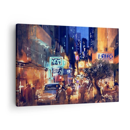 Quadro su tela - Stampe su Tela - Paesaggio urbano serale in stile impressionista - 70x50cm - Ma la città non dorme - Decorazione murale moderna per soggiorno e camera da letto ARTTOR