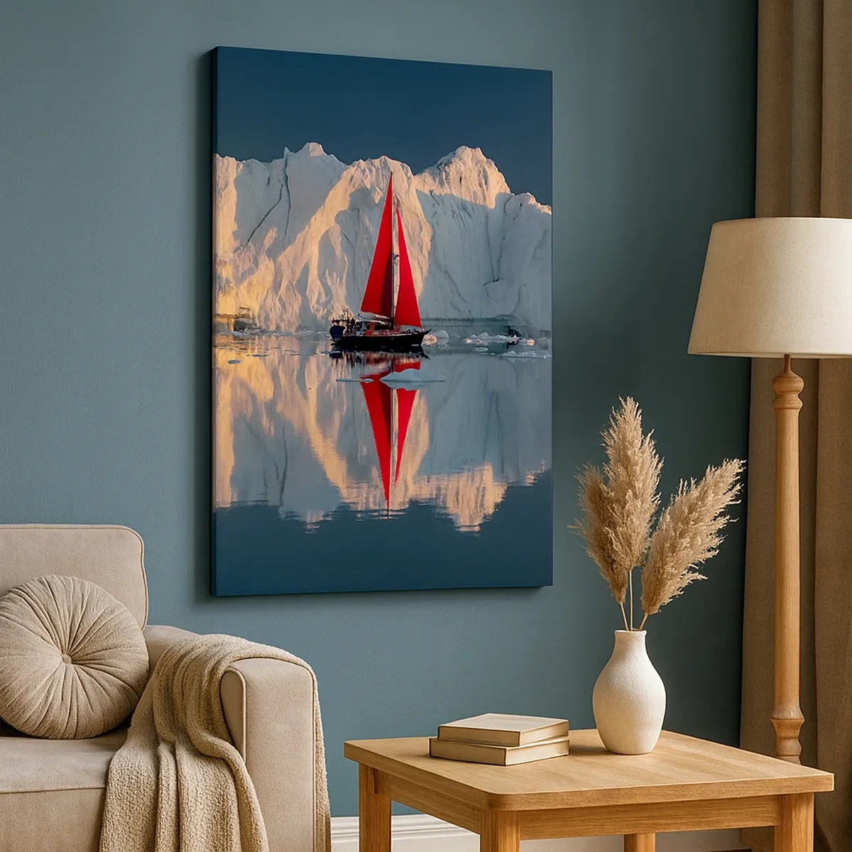 Quadro su tela - Stampe su Tela - Una barca a vela con una vela rossa sullo sfondo di un ghiacciaio - 50x70cm - Ai confini del mondo - Decorazione murale moderna per soggiorno e camera da letto ARTTOR