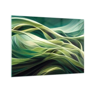 Quadro su vetro - Onde verdi astratte con forme organiche - 70x50cm - Gioco astratto in verde - Decorazione murale moderna per soggiorno e camera da letto ARTTOR