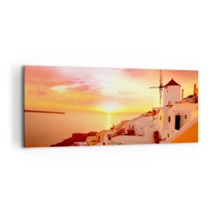 Quadro su tela - Stampe su Tela - Santorini al tramonto con un mulino a vento - 120x50cm - Sciogliersi nel bianco e nell'oro - Decorazione murale moderna per soggiorno e camera da letto ARTTOR
