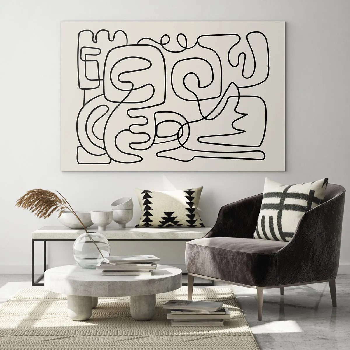 Quadro su vetro - Linee astratte nere formano un motivo complesso sul beige - 70x50cm - Segui il percorso - Decorazione murale moderna per soggiorno e camera da letto ARTTOR