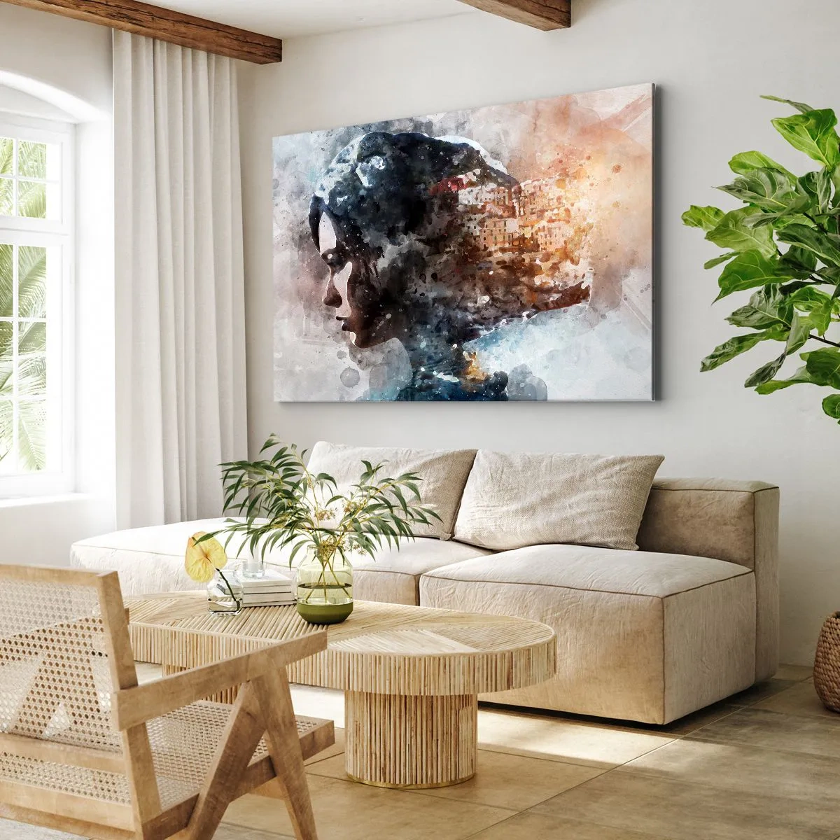 Quadro su tela - Stampe su Tela - Ritratto di una donna che combina il suo viso con un paesaggio urbano sullo sfondo - 120x80cm - Racconto su una ragazza con città sullo sfondo - Decorazione murale moderna per soggiorno e camera da letto ARTTOR