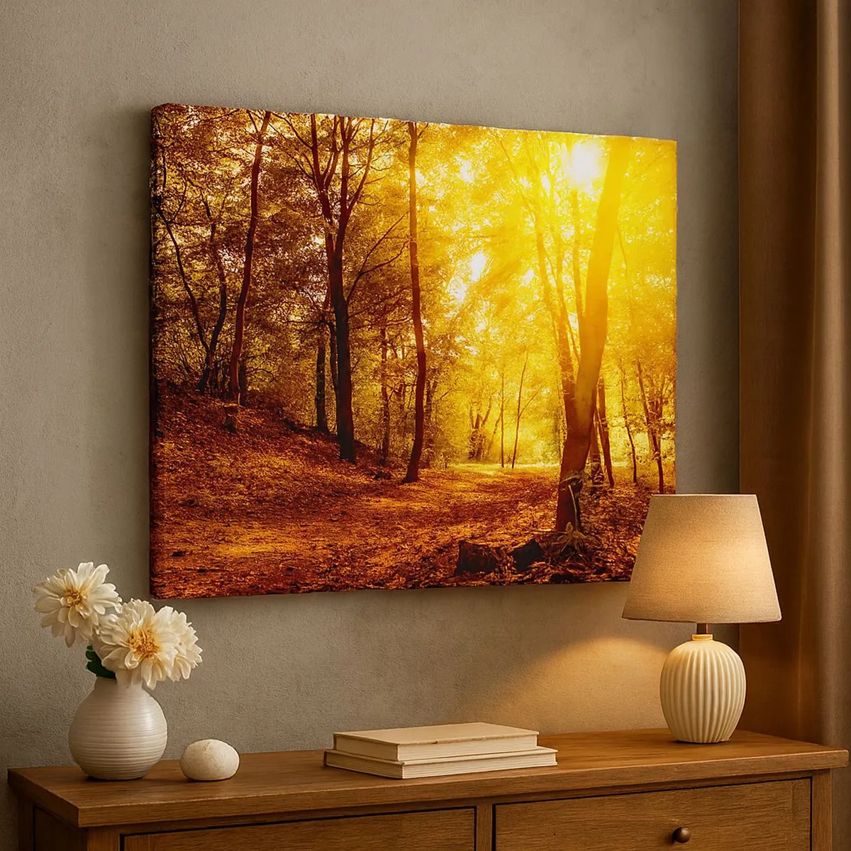 Quadro su tela - Stampe su Tela - Radura autunnale alla luce dorata del sole con un sentiero nel bosco - 70x50cm - Verso la radura dorata - Decorazione murale moderna per soggiorno e camera da letto ARTTOR