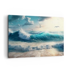Quadro su tela - Stampe su Tela - Onde del mare sulla spiaggia sotto un cielo azzurro con gabbiani - 100x70cm - Mormora solo per te - Decorazione murale moderna per soggiorno e camera da letto ARTTOR