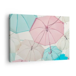 Quadro su tela - Stampe su Tela - Ombrelli pastello contro un cielo luminoso - 70x50cm - A volte sole, a volte pioggia - Decorazione murale moderna per soggiorno e camera da letto ARTTOR