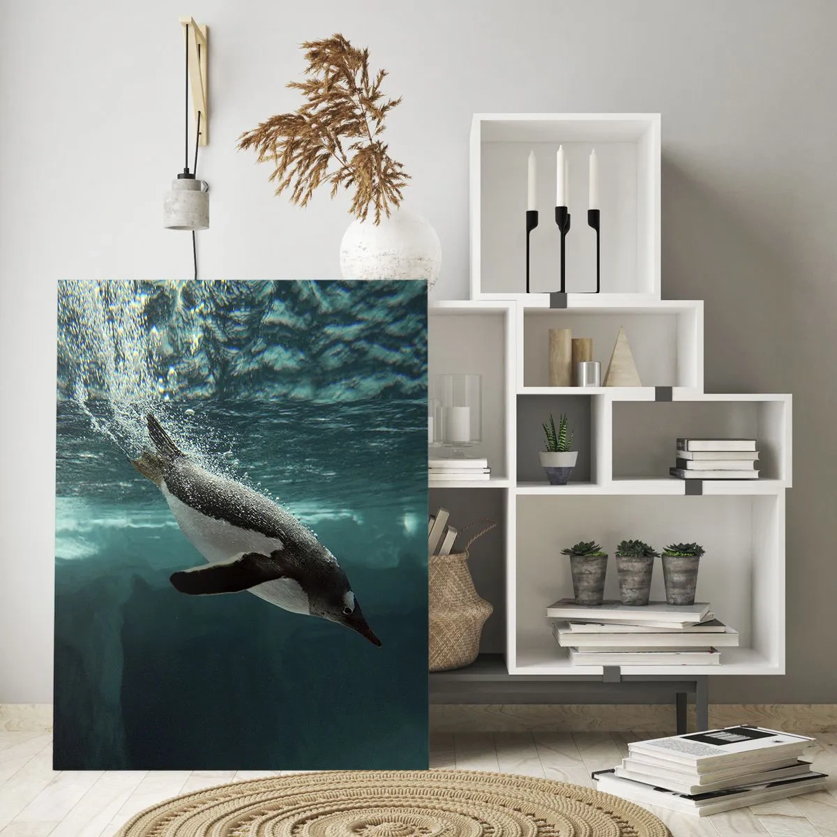 Quadro su vetro - Un pinguino che si tuffa nelle profondità dell'acqua ghiacciata - 80x120cm - Benvenuto nel mio mondo - Decorazione murale moderna per soggiorno e camera da letto ARTTOR