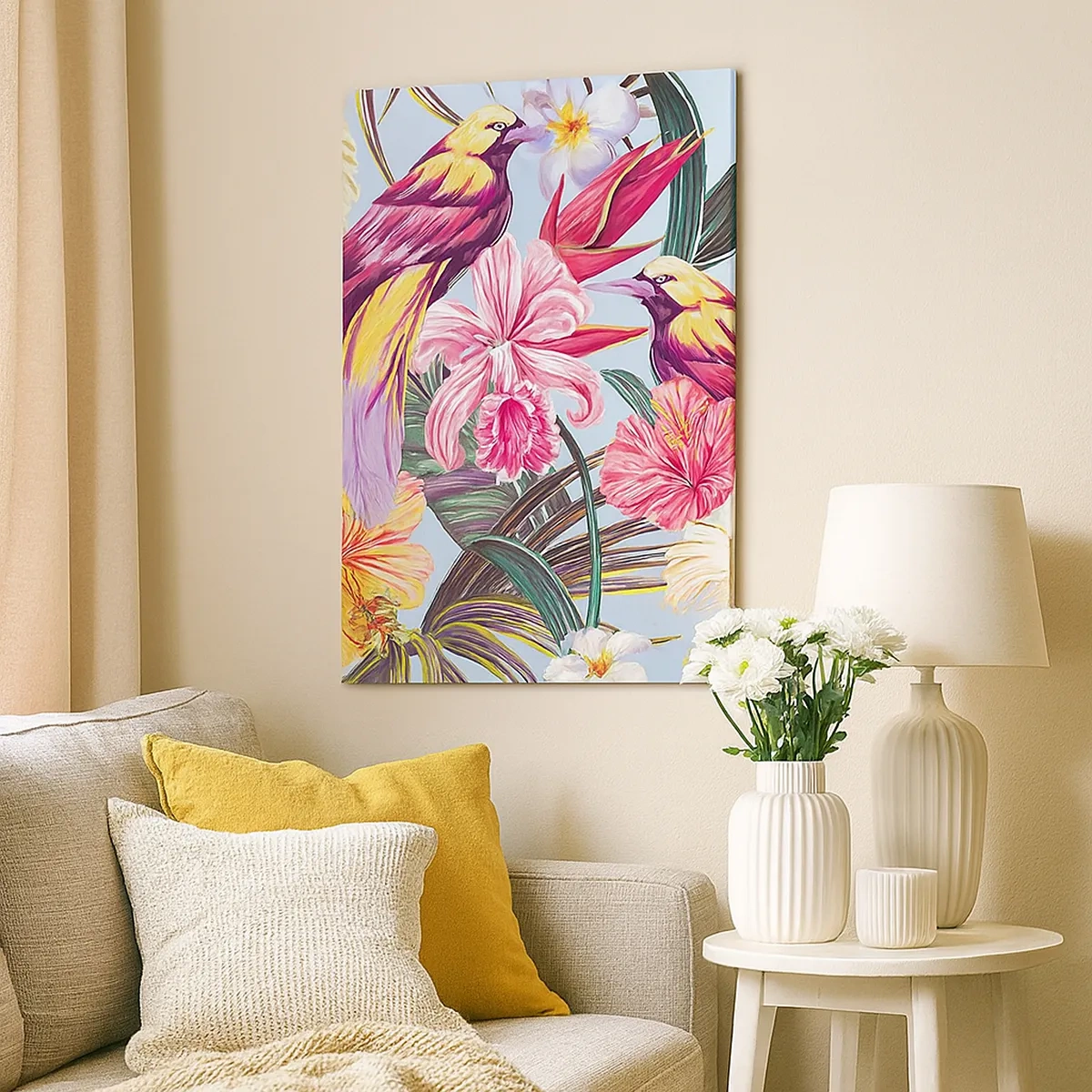Quadro su tela - Stampe su Tela - Uccelli esotici tra i fiori tropicali - 50x70cm - Petali e piume - Decorazione murale moderna per soggiorno e camera da letto ARTTOR