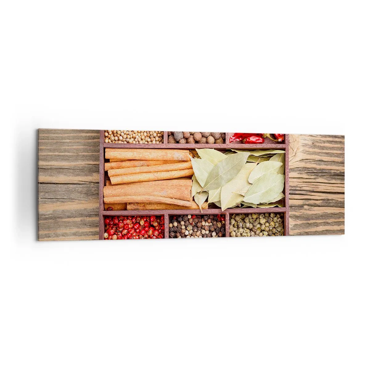 Quadro su tela - Stampe su Tela - Scatola di legno con varie spezie in scomparti - 160x50cm - Ordine delle forme, bouquet degli aromi - Decorazione murale moderna per soggiorno e camera da letto ARTTOR