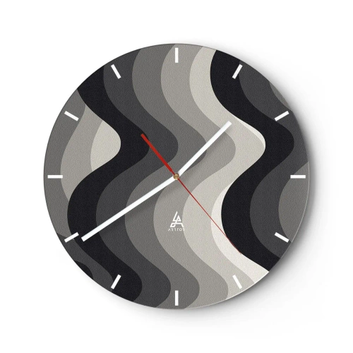 Orologio da parete - Orologio in Vetro - Strisce ondulate nei toni del grigio e del nero nel layout grafico - 30x30cm - Un'onda dopo l'altra - Decorazione murale moderna per soggiorno, cucina e camera da letto ARTTOR