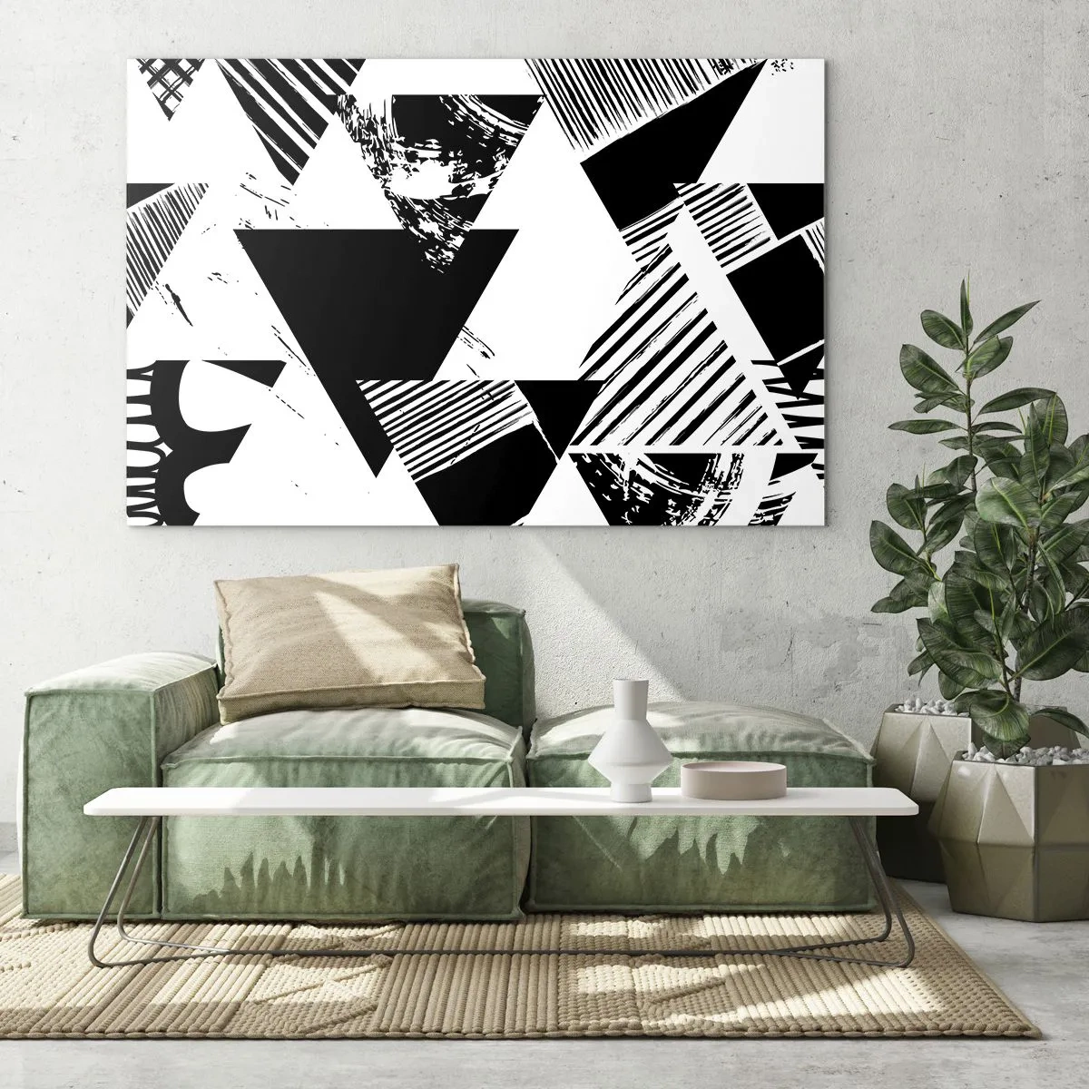 Quadro su vetro - Motivi geometrici in bianco e nero con motivi triangolari - 120x80cm - Pioggia di triangoli - Decorazione murale moderna per soggiorno e camera da letto ARTTOR