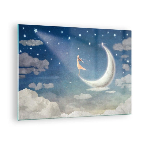 Quadro su vetro - Una donna con un abito svolazzante in piedi sulla luna in un cielo stellato. - 70x50cm - Seduttrice celeste - Decorazione murale moderna per soggiorno e camera da letto ARTTOR