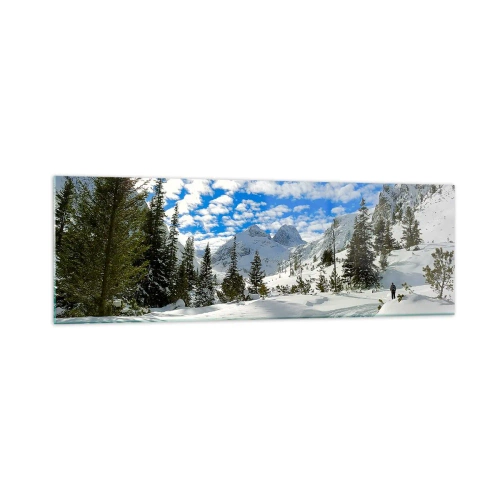 Quadro su vetro - Paesaggio montano invernale con foresta e sentiero nella neve - 160x50cm - Nella neve e nel sole - Decorazione murale moderna per soggiorno e camera da letto ARTTOR