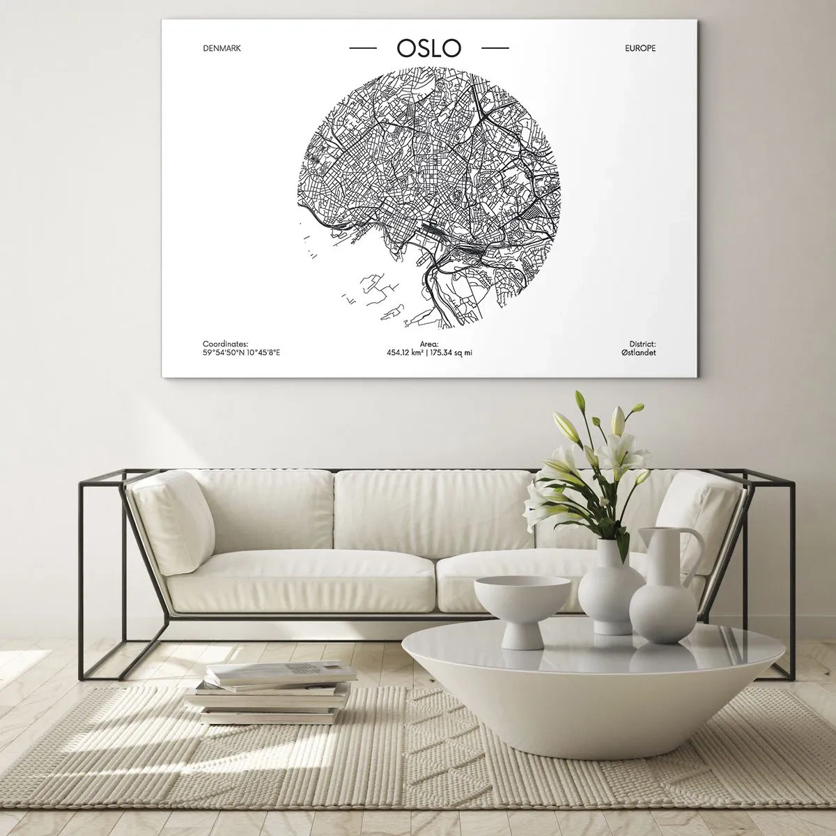 Quadro su vetro - Mappa della città di Oslo in stile grafico in bianco e nero - 120x80cm - Anatomia di Oslo - Decorazione murale moderna per soggiorno e camera da letto ARTTOR