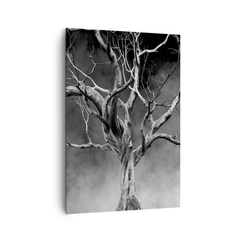 Quadro su tela - Stampe su Tela - Un albero secco in bianco e nero contro la nebbia - 70x100cm - Primordiale e sacro - Decorazione murale moderna per soggiorno e camera da letto ARTTOR
