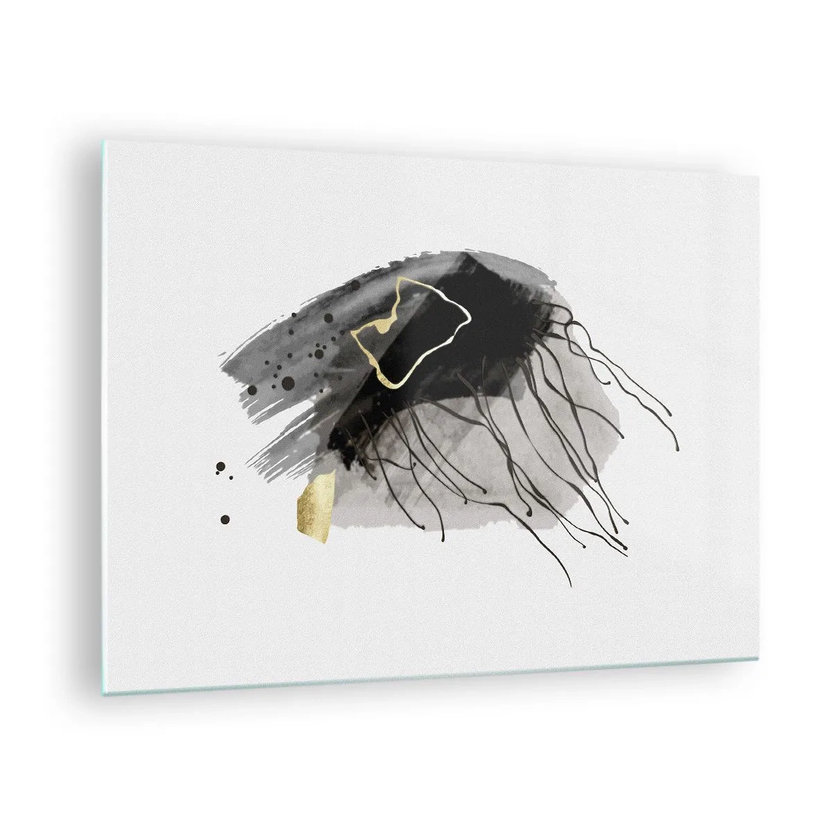 Quadro su vetro - Composizione astratta di nero e oro su sfondo bianco - 70x50cm - In nero e in oro - Decorazione murale moderna per soggiorno e camera da letto ARTTOR