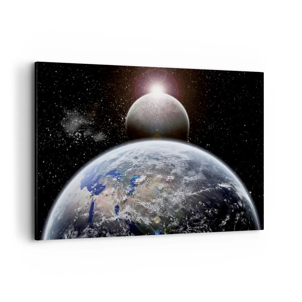 Quadro su tela - Stampe su Tela - Il pianeta Terra e la Luna sullo sfondo dello spazio stellato. - 100x70cm - Paesaggio cosmico: sorgere del sole - Decorazione murale moderna per soggiorno e camera da letto ARTTOR