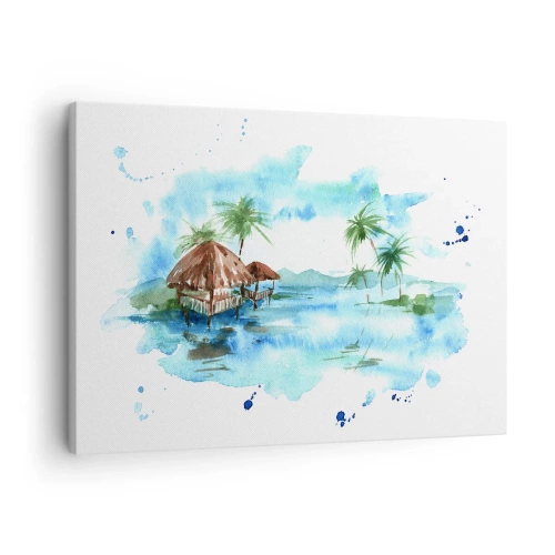 Quadro su tela - Stampe su Tela - Dipinto ad acquerello di un paesaggio tropicale con case e palme - 70x50cm - Da qualche parte nel Pacifico - Decorazione murale moderna per soggiorno e camera da letto ARTTOR