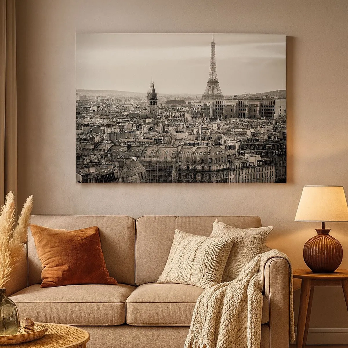 Quadro su tela - Stampe su Tela - Panorama di Parigi con la Torre Eiffel in tonalità seppia - 70x50cm - Sui tetti di Parigi - Decorazione murale moderna per soggiorno e camera da letto ARTTOR
