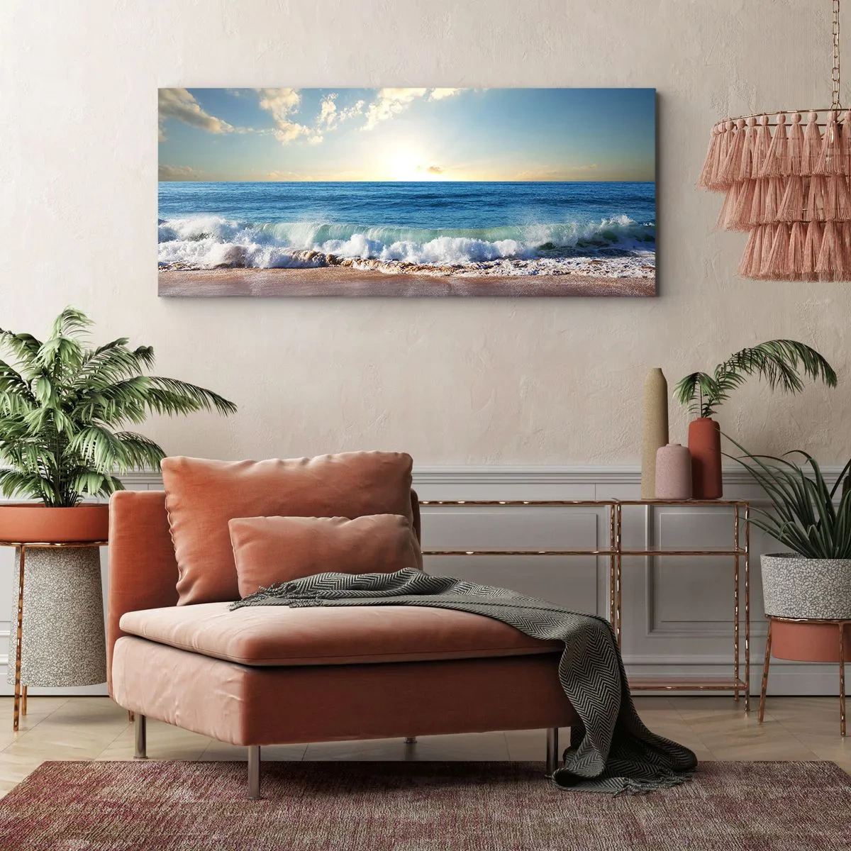 Quadro su tela - Stampe su Tela - Una spiaggia soleggiata con onde che si infrangono sulla riva - 140x50cm - Insieme movimento e immobilità - Decorazione murale moderna per soggiorno e camera da letto ARTTOR