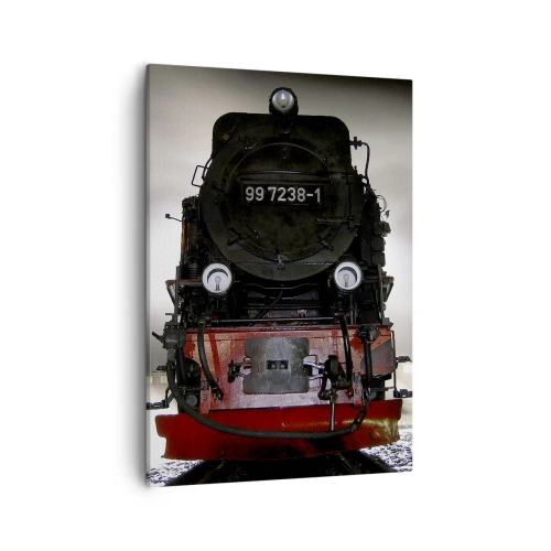 Quadro su tela - Stampe su Tela - Una locomotiva a vapore circondata dal vapore contro un cielo scuro in un ambiente suggestivo - 50x70cm - Ansima, sbuffa e soffia - Decorazione murale moderna per soggiorno e camera da letto ARTTOR