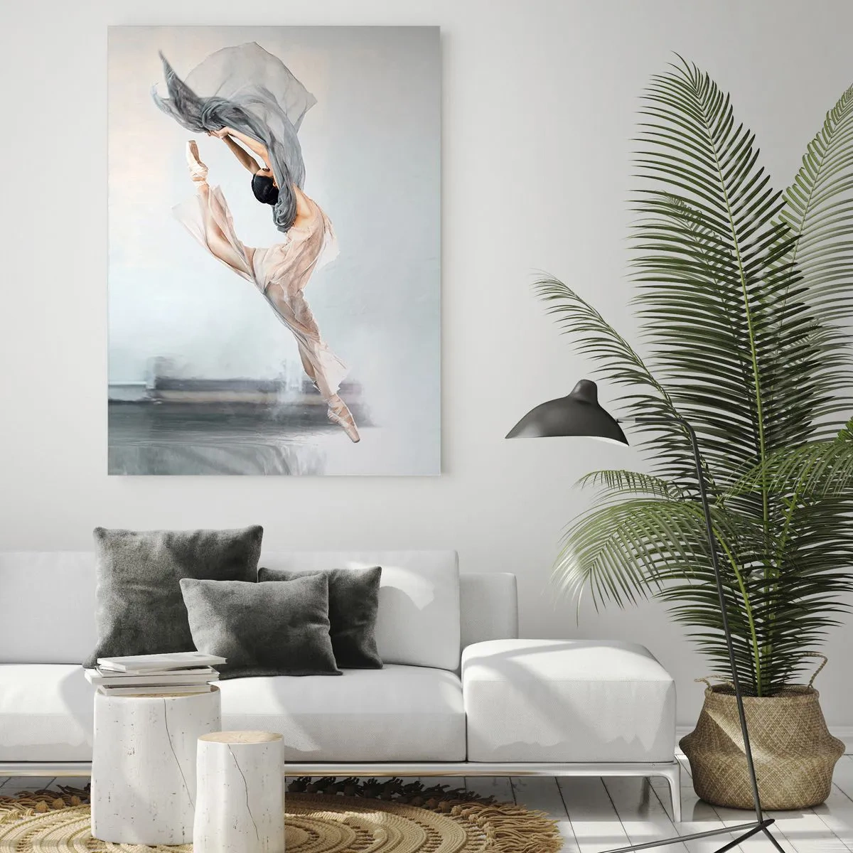 Quadro su vetro - Una ballerina in movimento dinamico su uno sfondo chiaro - 80x120cm - Nell'estasi della danza - Decorazione murale moderna per soggiorno e camera da letto ARTTOR