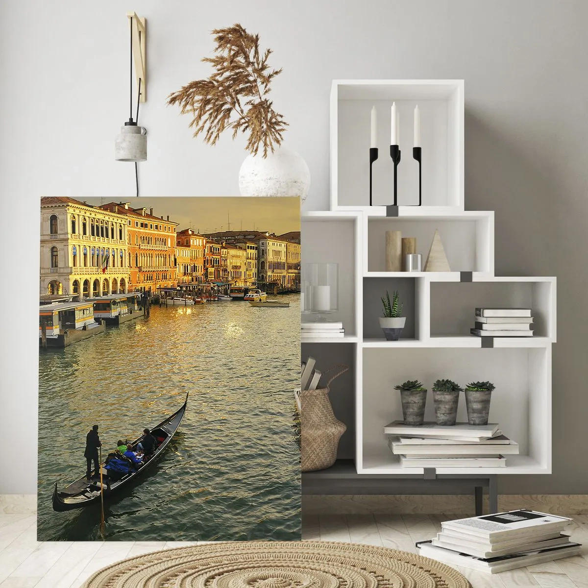 Quadro su vetro - Tramonto su un canale di Venezia con le gondole - 50x70cm - Sul lato assolato della strada - Decorazione murale moderna per soggiorno e camera da letto ARTTOR