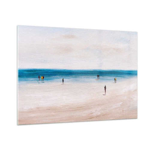 Quadro su vetro - Una spiaggia tranquilla con sagome di persone che camminano lungo la linea del mare - 100x70cm - Un bisogno naturale - Decorazione murale moderna per soggiorno e camera da letto ARTTOR