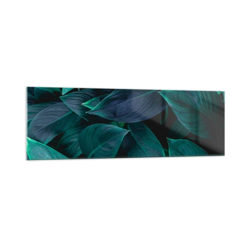 Quadro su vetro - Primo piano di foglie verdi con sfondo scuro - 160x50cm - Il verde puro - Decorazione murale moderna per soggiorno e camera da letto ARTTOR