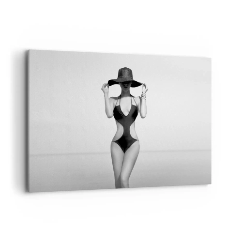 Quadro su tela - Stampe su Tela - Silhouette in bianco e nero di una donna con un cappello sullo sfondo del mare - 120x80cm - Il mio nome è Eleganza - Decorazione murale moderna per soggiorno e camera da letto ARTTOR