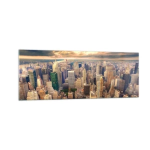 Quadro su vetro - Panorama della città con vista sui grattacieli al tramonto - 140x50cm - Metropolis dorata - Decorazione murale moderna per soggiorno e camera da letto ARTTOR