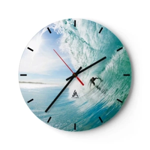 Orologio da parete - Orologio in Vetro - Surfista in un tunnel d'acqua contro un cielo blu - 30x30cm - Sempre sull'onda - Decorazione murale moderna per soggiorno, cucina e camera da letto ARTTOR