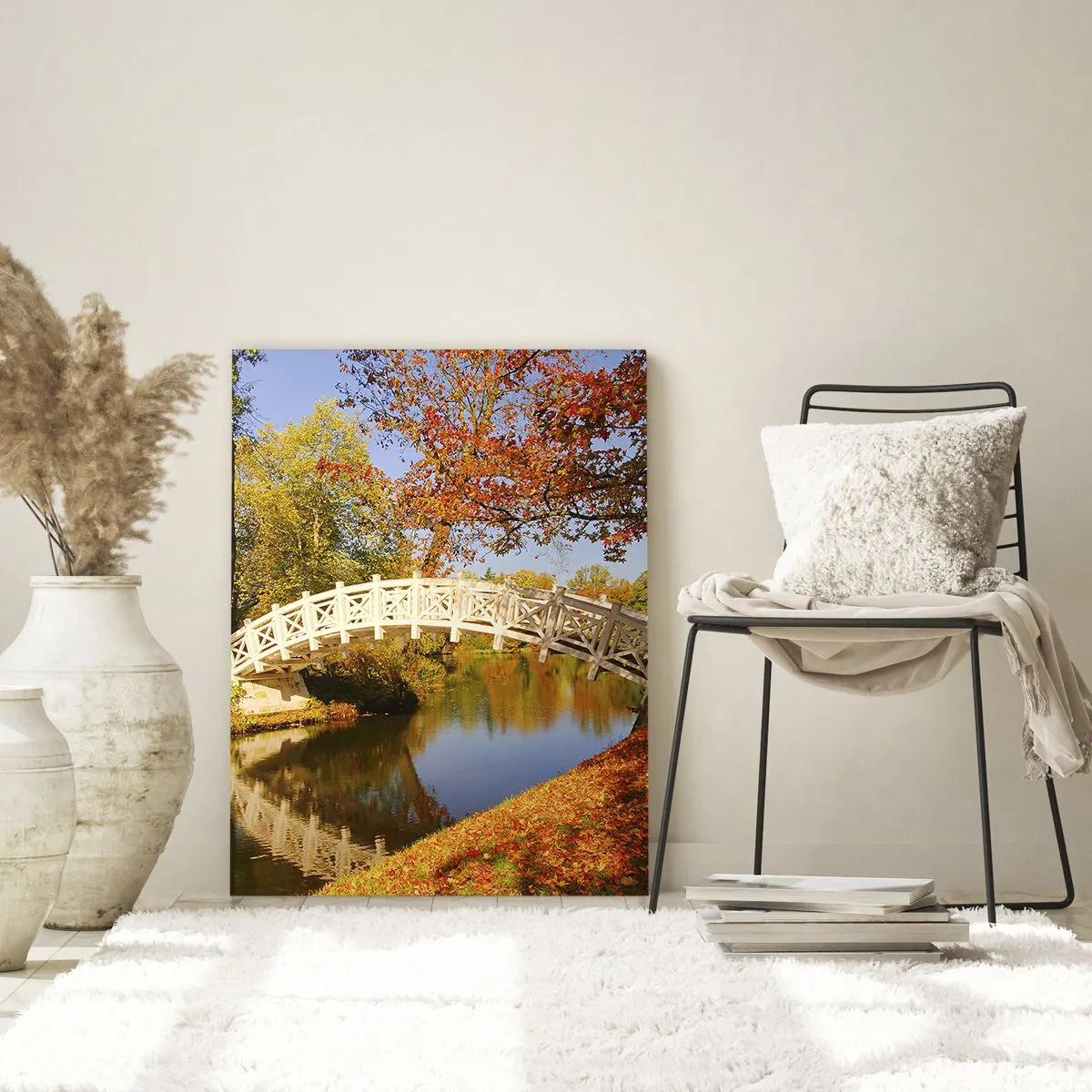 Quadro su vetro - Un ponte in un parco circondato da foglie autunnali su acque calme - 70x100cm - Sul bianco ponticello dei sospiri - Decorazione murale moderna per soggiorno e camera da letto ARTTOR