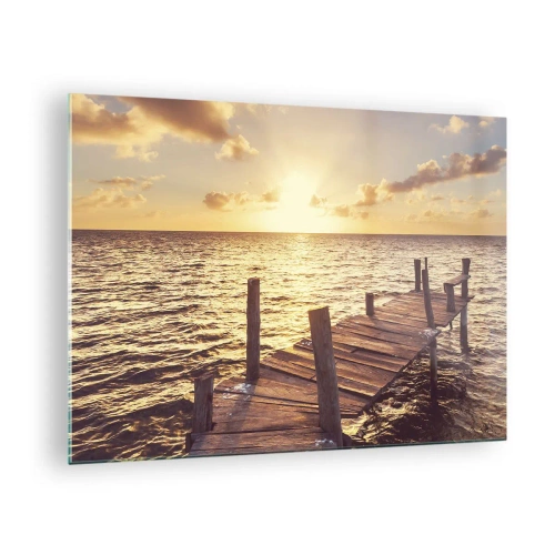 Quadro su vetro - Un molo di legno sullo sfondo del sole al tramonto - 70x50cm - Il paese dorato della mitezza - Decorazione murale moderna per soggiorno e camera da letto ARTTOR