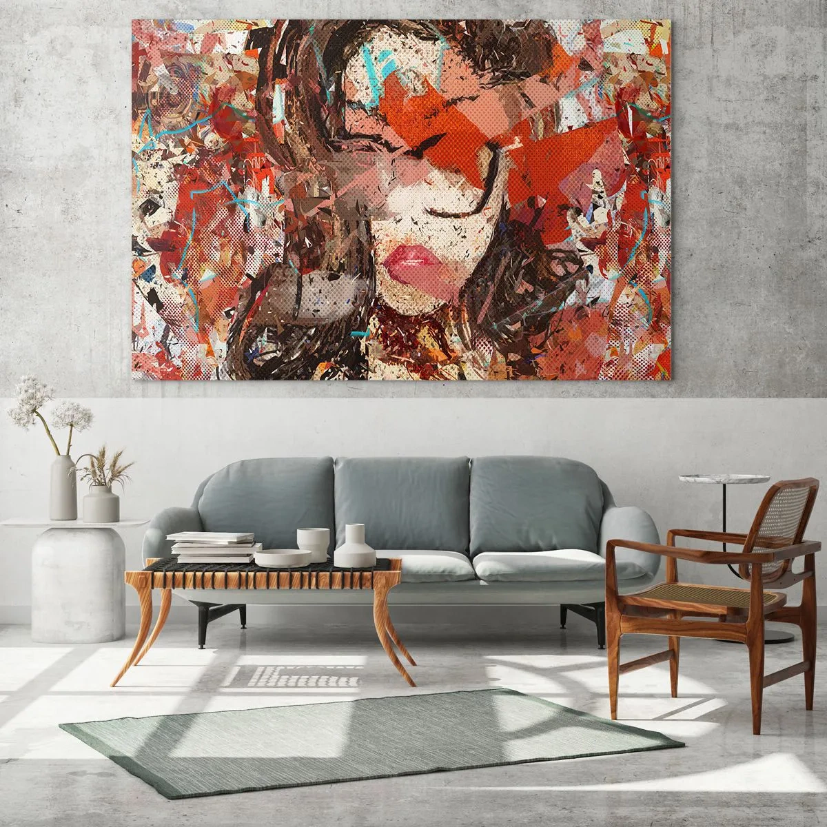 Quadro su vetro - Ritratto astratto di una donna nei toni del rosso e del beige - 100x70cm - Nessuno sa come sei veramente - Decorazione murale moderna per soggiorno e camera da letto ARTTOR