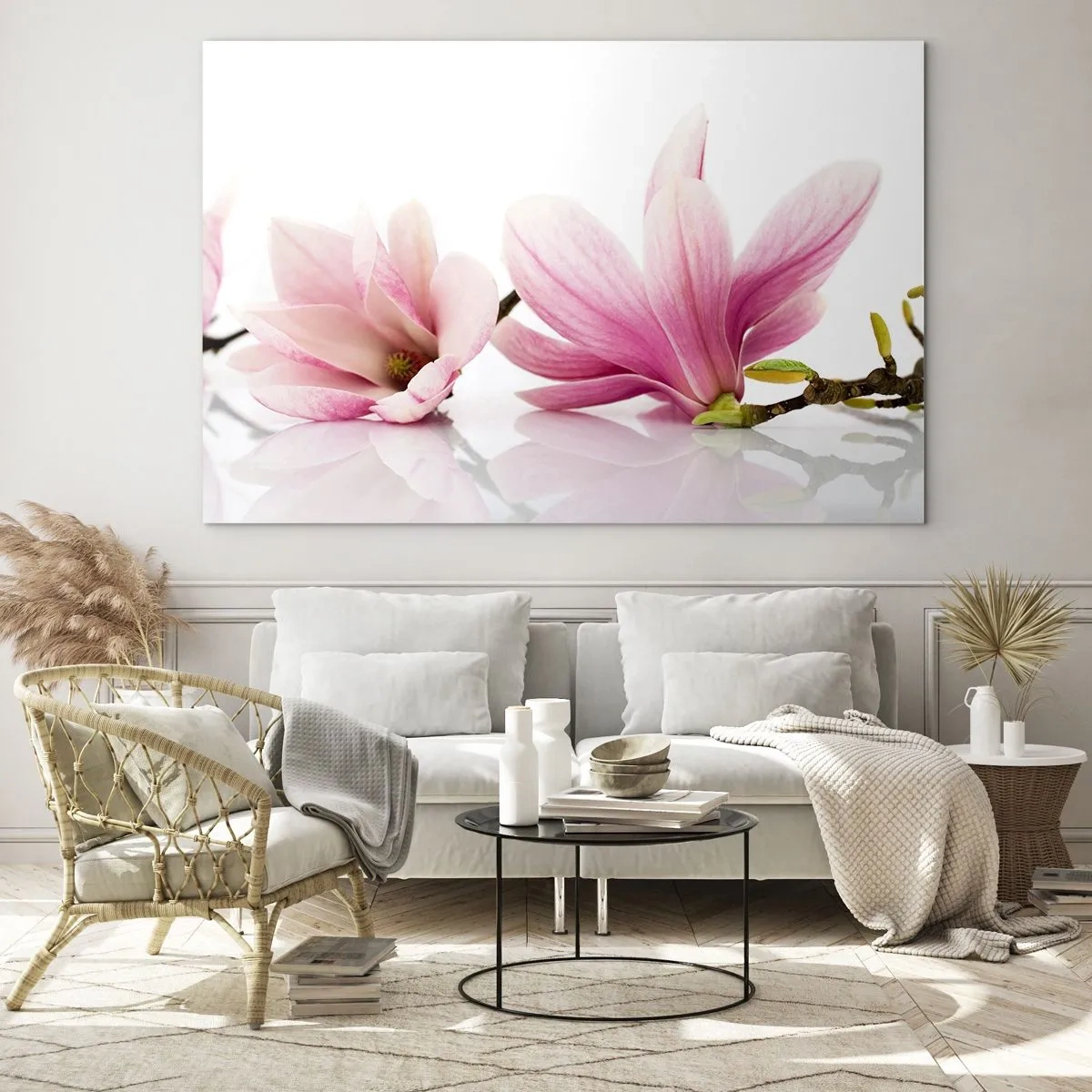 Quadro su vetro - Delicati fiori di magnolia su sfondo bianco - 100x70cm - Delicati come un soffio di primavera - Decorazione murale moderna per soggiorno e camera da letto ARTTOR
